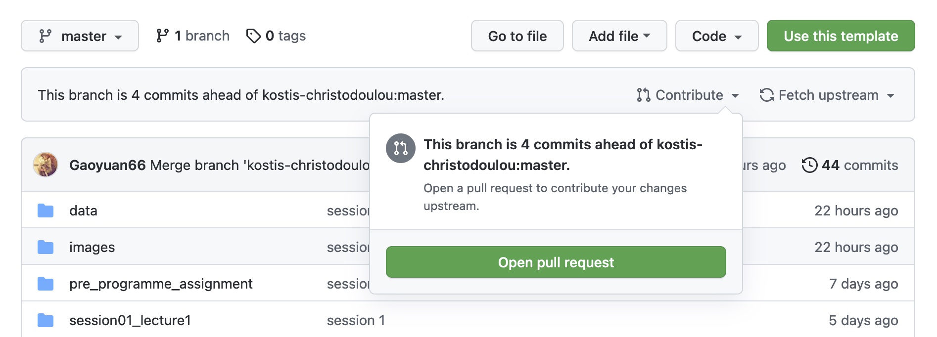 GitHub repository page showing the Contribute button with its Open pull request option