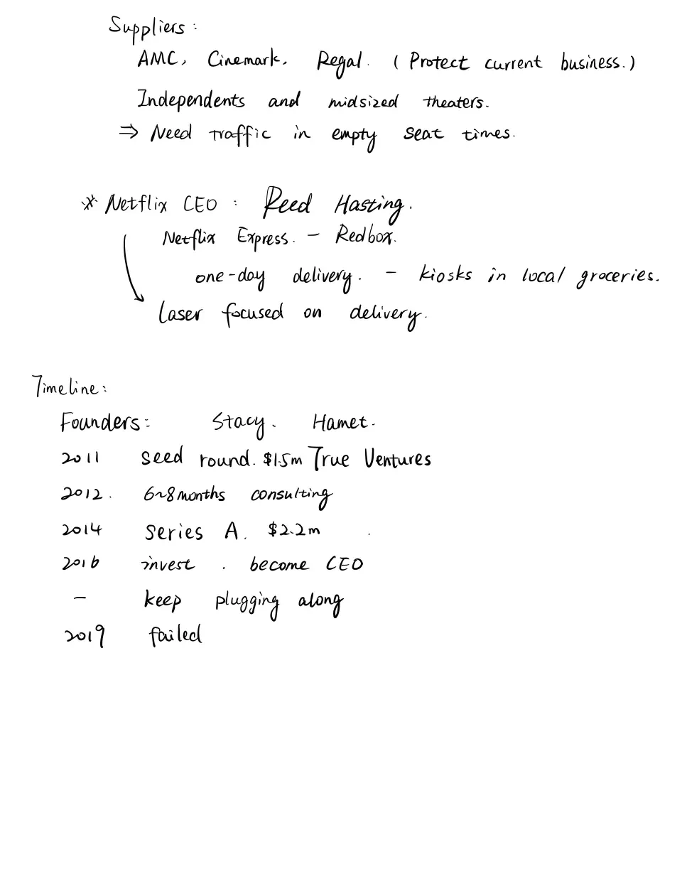 Handwritten notes on MoviePass suppliers, Netflix founder Reed Hastings and the company timeline from 2011 to its failure in 2019