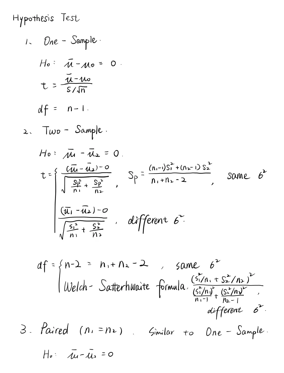 Handwritten notes, page 1: formulas for one-sample, two-sample and paired t-tests