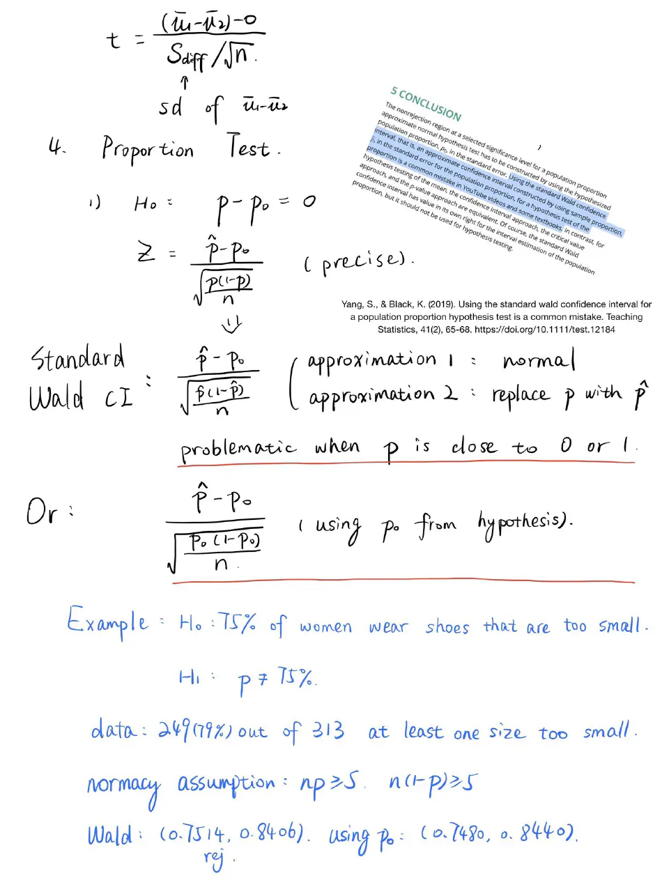 Handwritten notes, page 2: proportion test, the standard Wald confidence interval and why it fails near 0 or 1, with a worked example