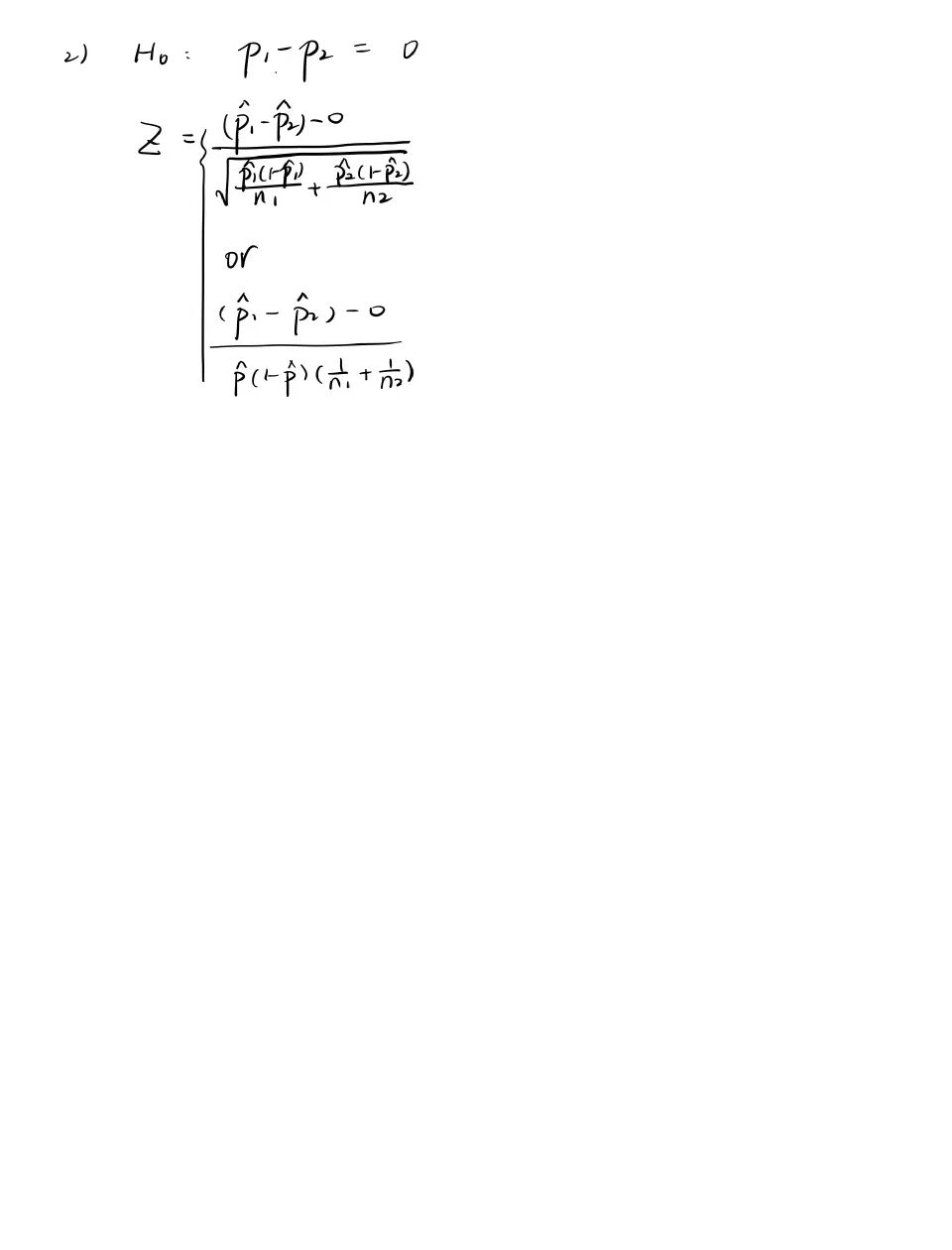 Handwritten notes, page 4: two-proportion z-test formulas